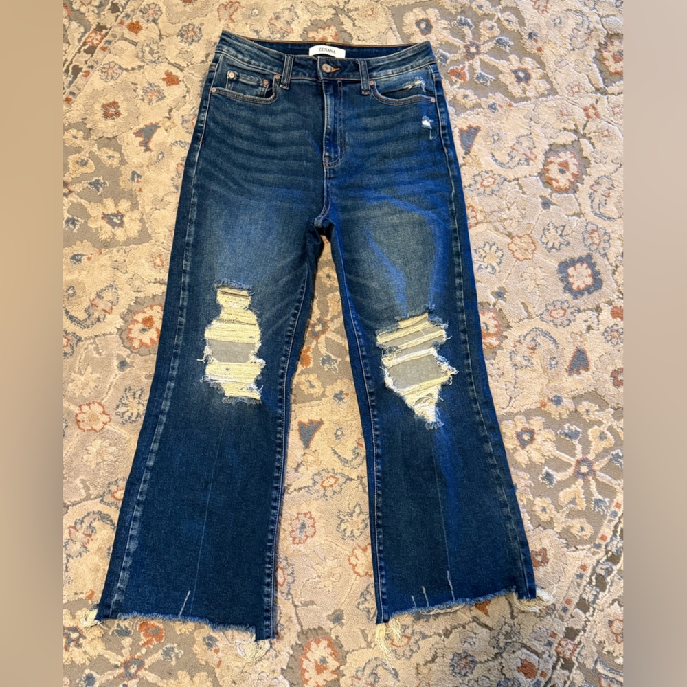 Zenana Outfitters Distressed Flare Jeans in Dark Blue